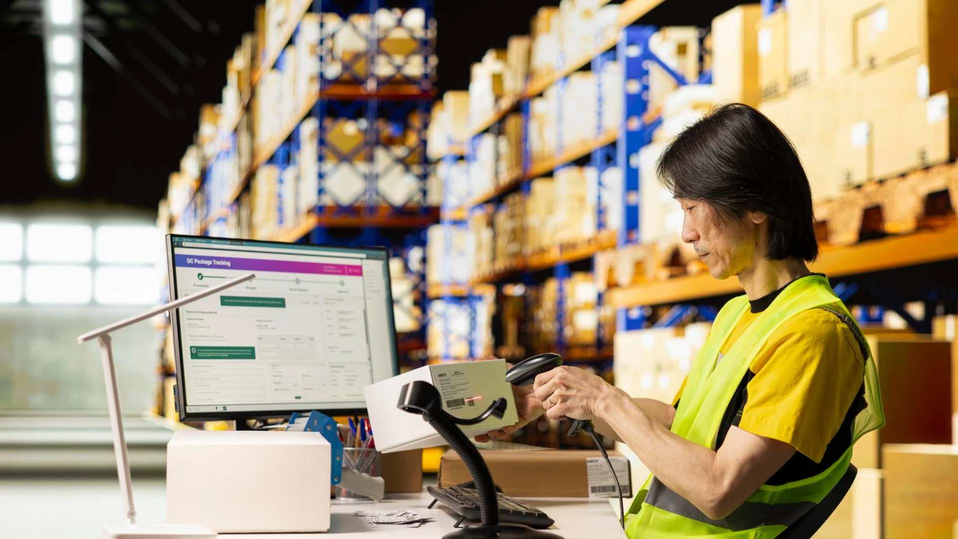 worker scanning barcodes on packages in a warehouse